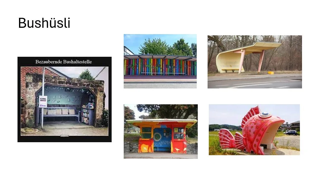 Eine Folie, die verschiedene Ideen von Bushaltestellen zeigt.